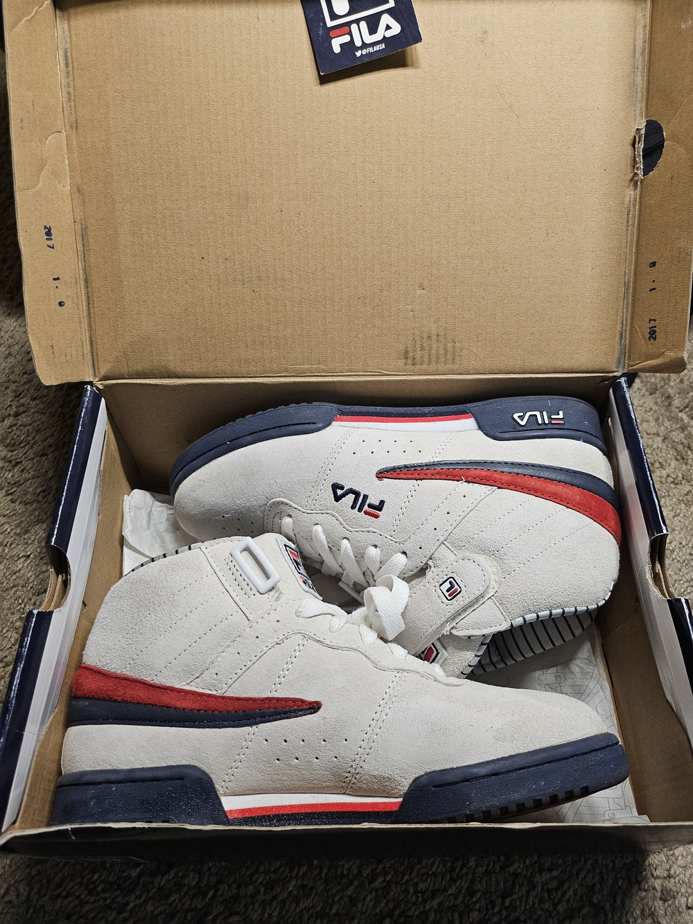 FILA White Suede Retro Sneakers with Red & Navy Accents